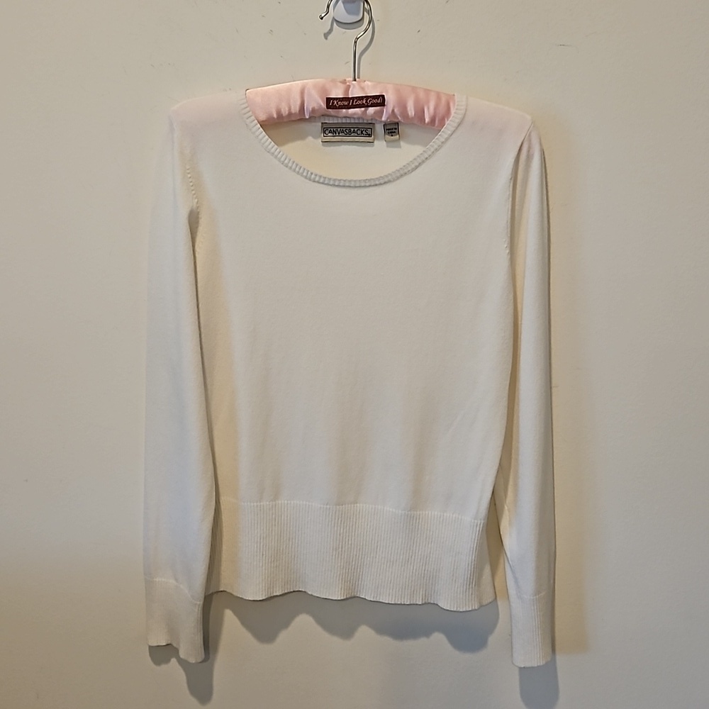CANVASBACKS WOMEN'S VINTAGE WHITE KNIT LONG SLEEVED PULLOVER SWEATER SIZE SMALL